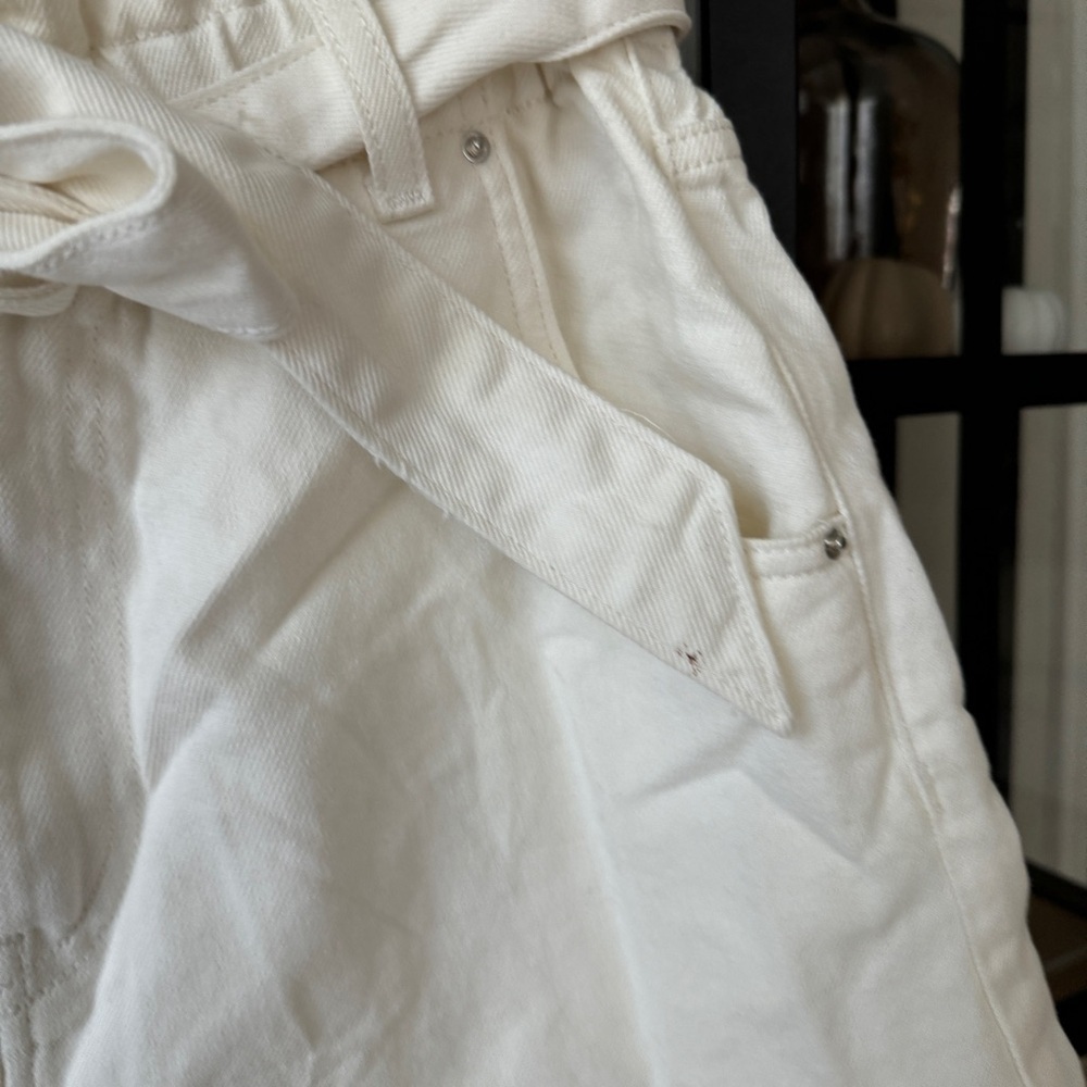H&M denim shorts paper bag waist high rise jeans ivory pockets tie adjustable - Picture 6 of 7